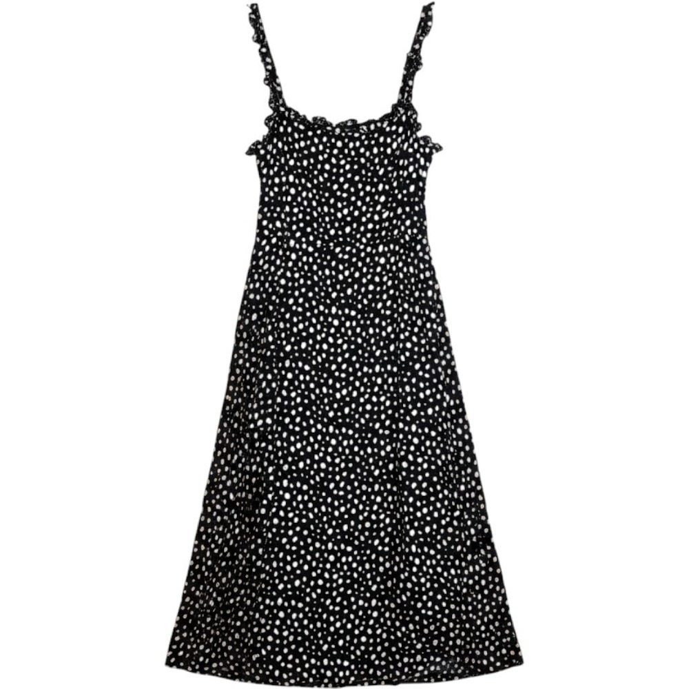 Blue Rain Polka Dot Midi Dress Black Tan Lace Trim Smocked Back Small